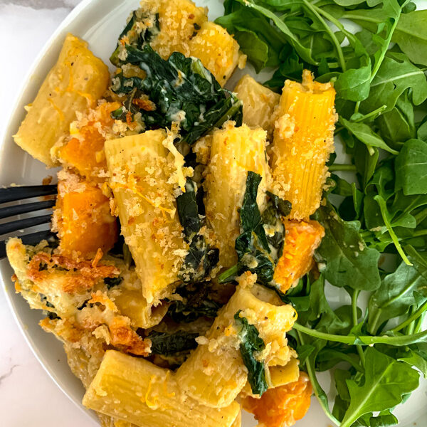 fall baked pasta with butternut squash, kale, and brown butter sage breadcrumbs