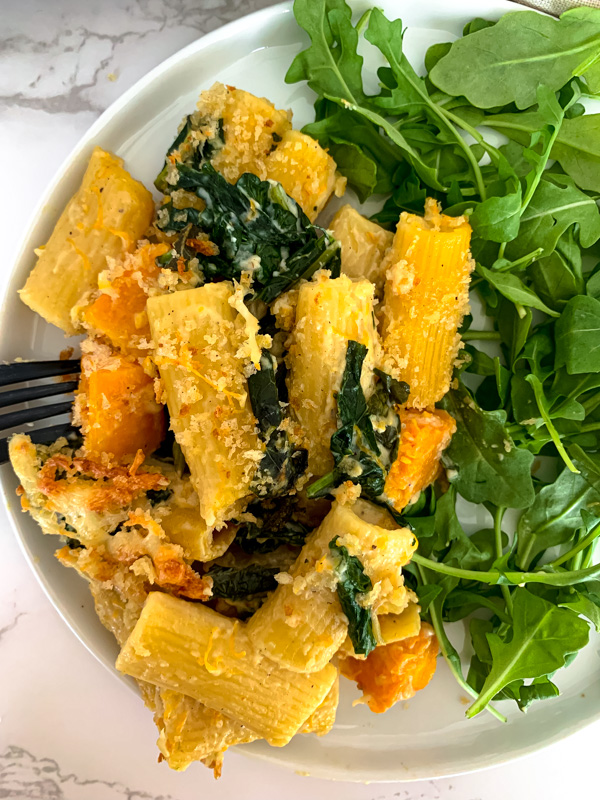 fall baked pasta with butternut squash, kale, and brown butter sage breadcrumbs